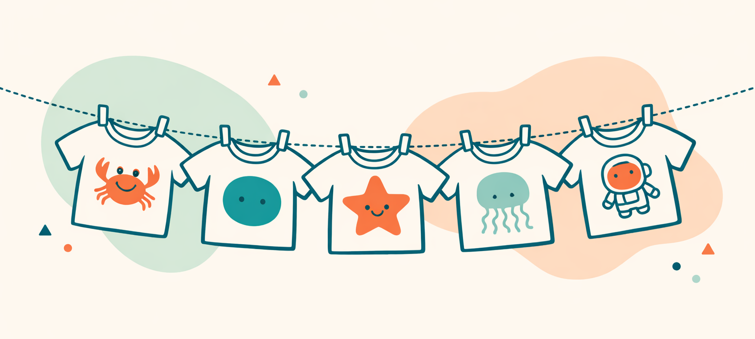 Illustration : cinq t-shirts enfants MaKe suspendus à un fil, imprimés d'un crabe, d'une créature ronde, d'une étoile, d'une méduse et d'une tomate astronaute
