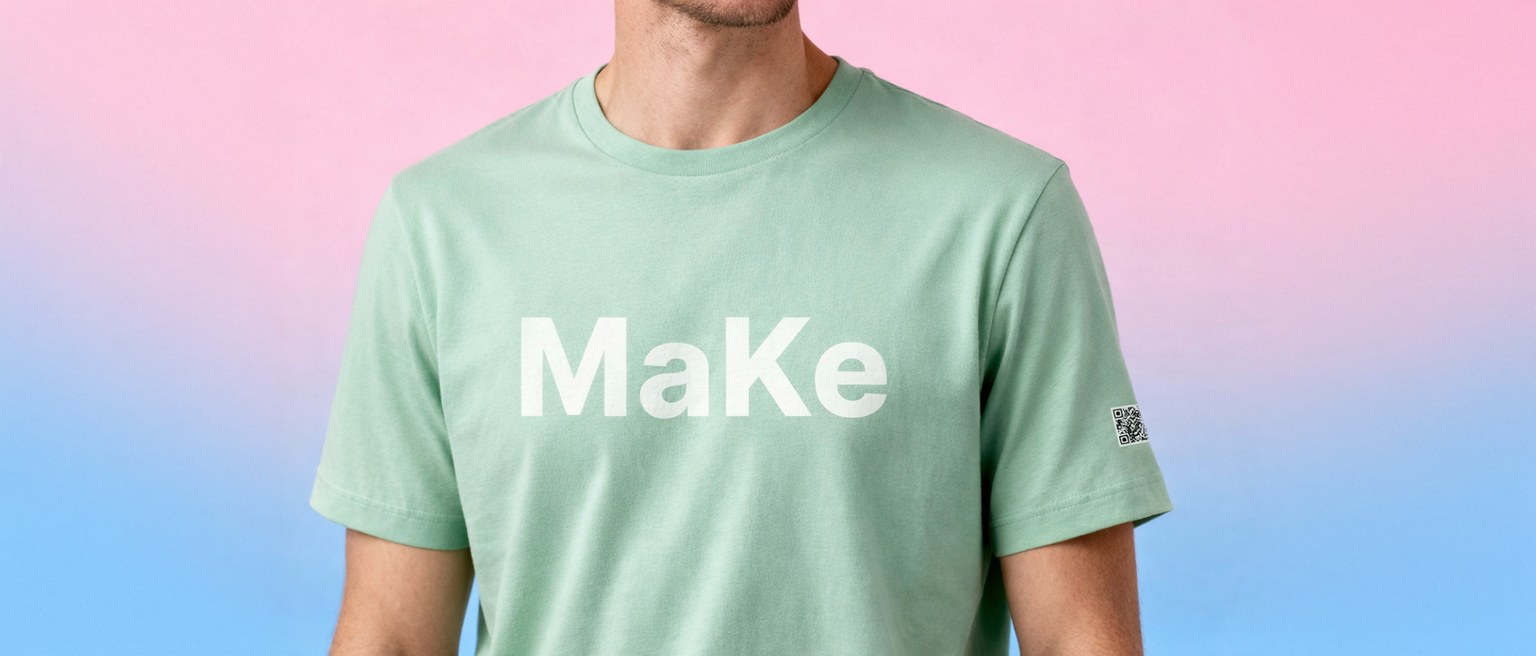 T-shirt MaKe adulte vert d'eau avec le QR code imprimé sur la manche gauche