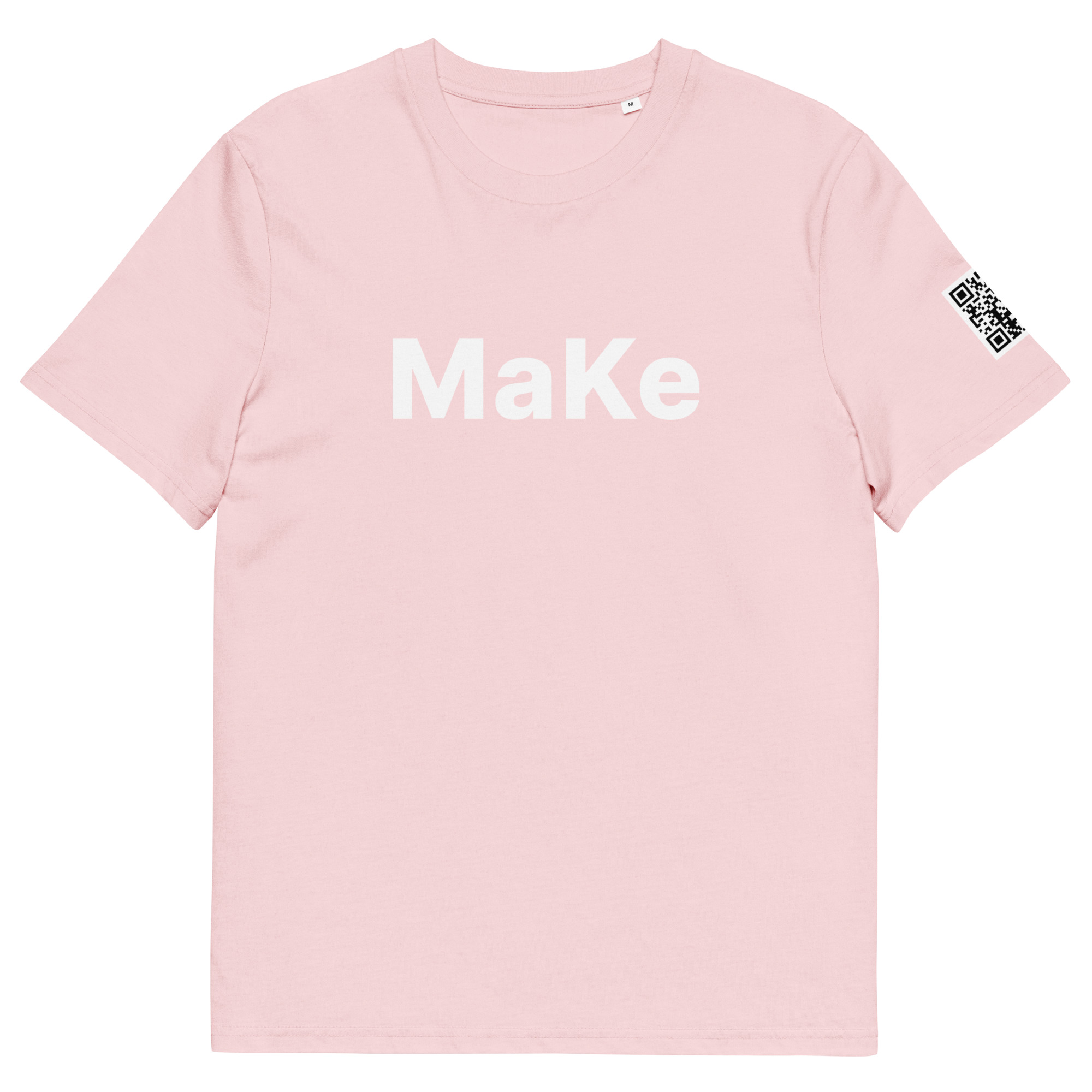 T-shirt MaKe QR coloris rose, vue de face avec le mot MaKe imprimé