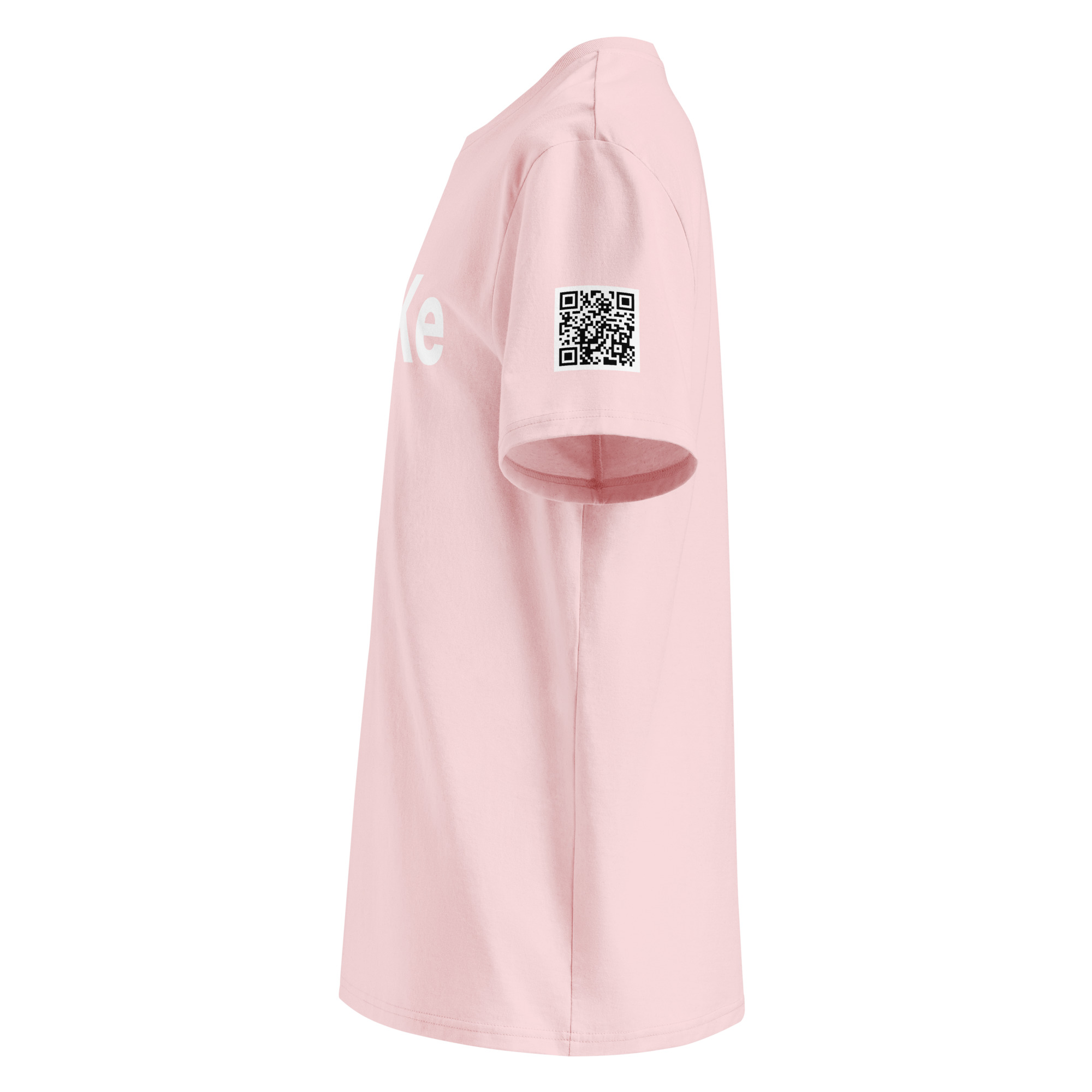 Manche gauche du t-shirt MaKe coloris rose, avec le QR code imprimé