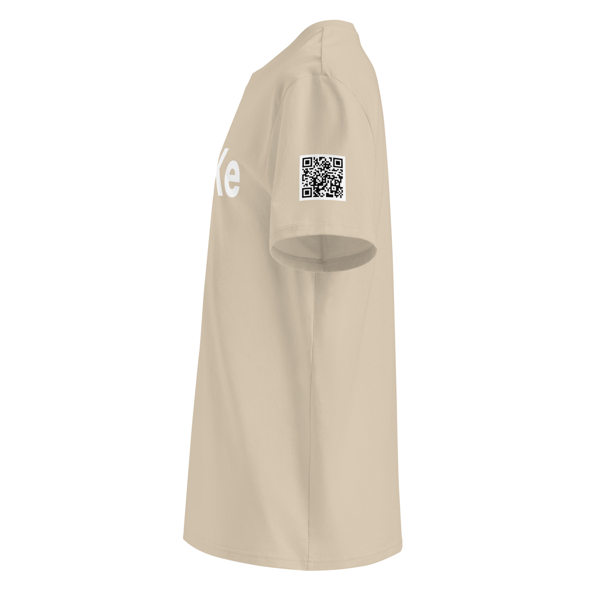 Manche gauche du t-shirt MaKe coloris sable, avec le QR code imprimé