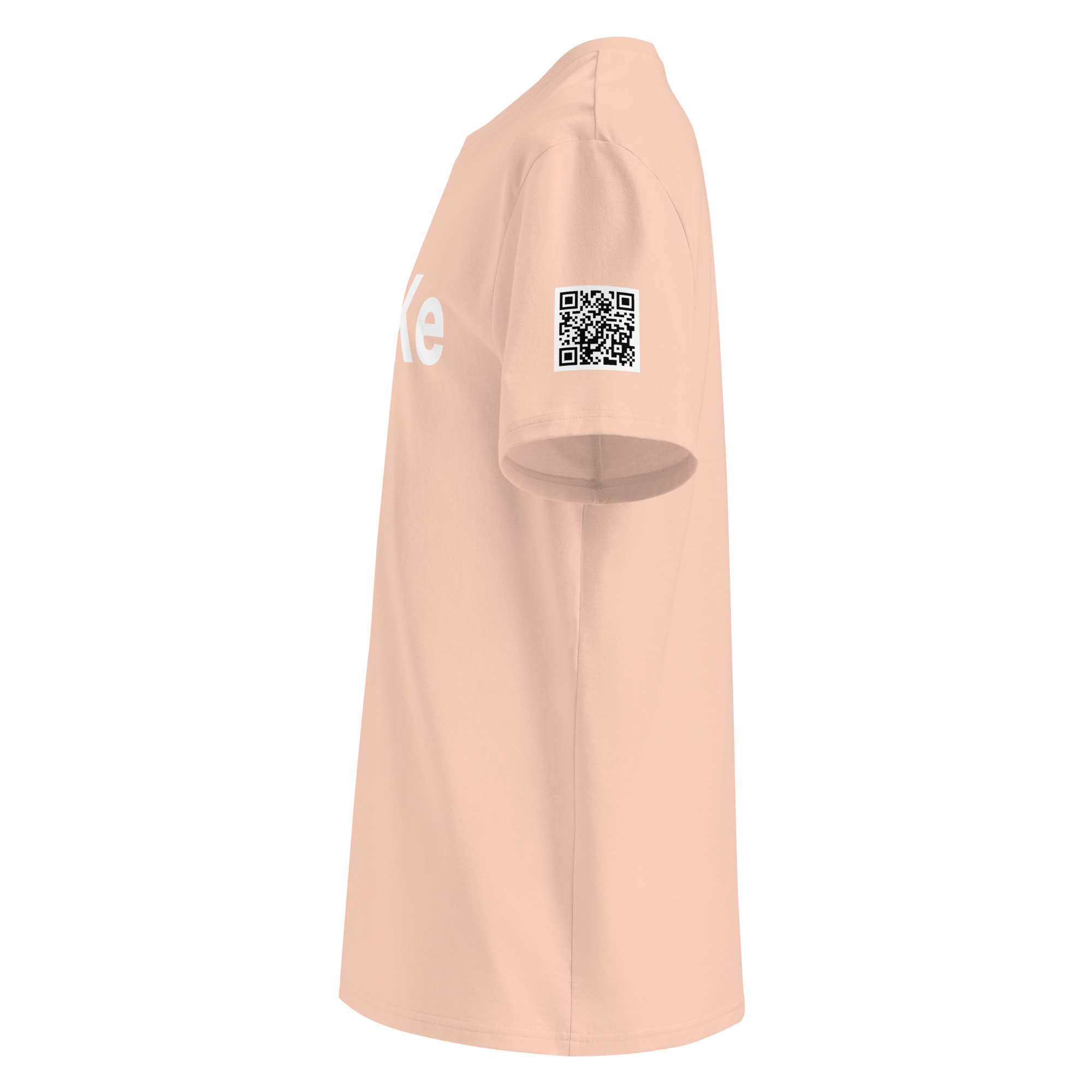 Manche gauche du t-shirt MaKe coloris pêche, avec le QR code imprimé