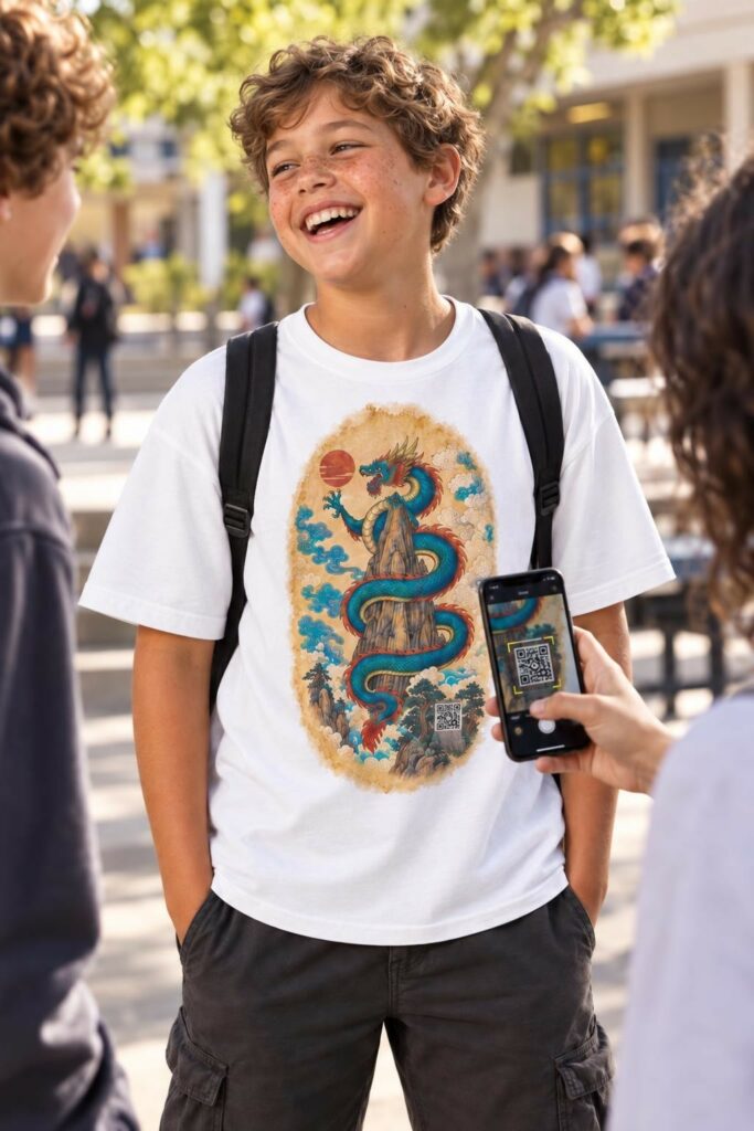 Le Dragon céleste, t-shirt MaKe Collector porté, un copain scanne le QR code
