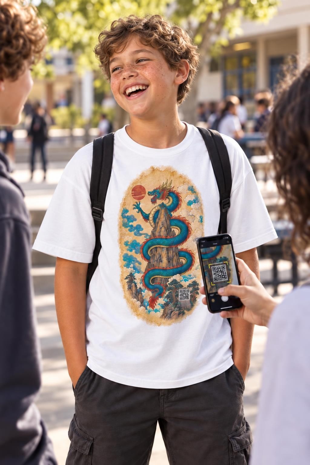 Le Dragon céleste, t-shirt MaKe Collector porté, un copain scanne le QR code