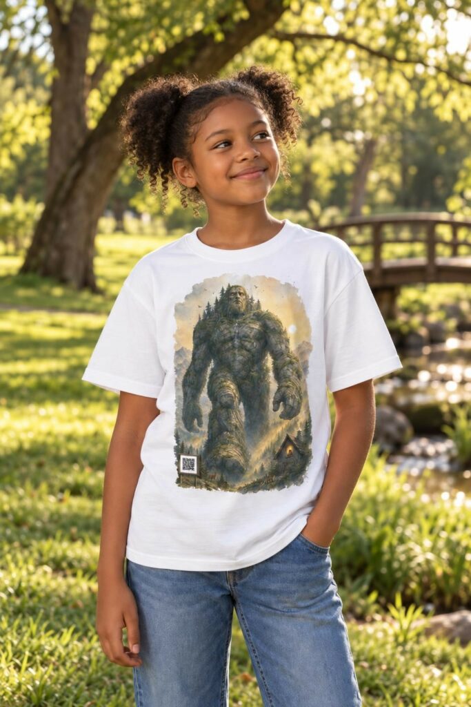 Le Géant de pierre, t-shirt MaKe Collector porté dans un parc