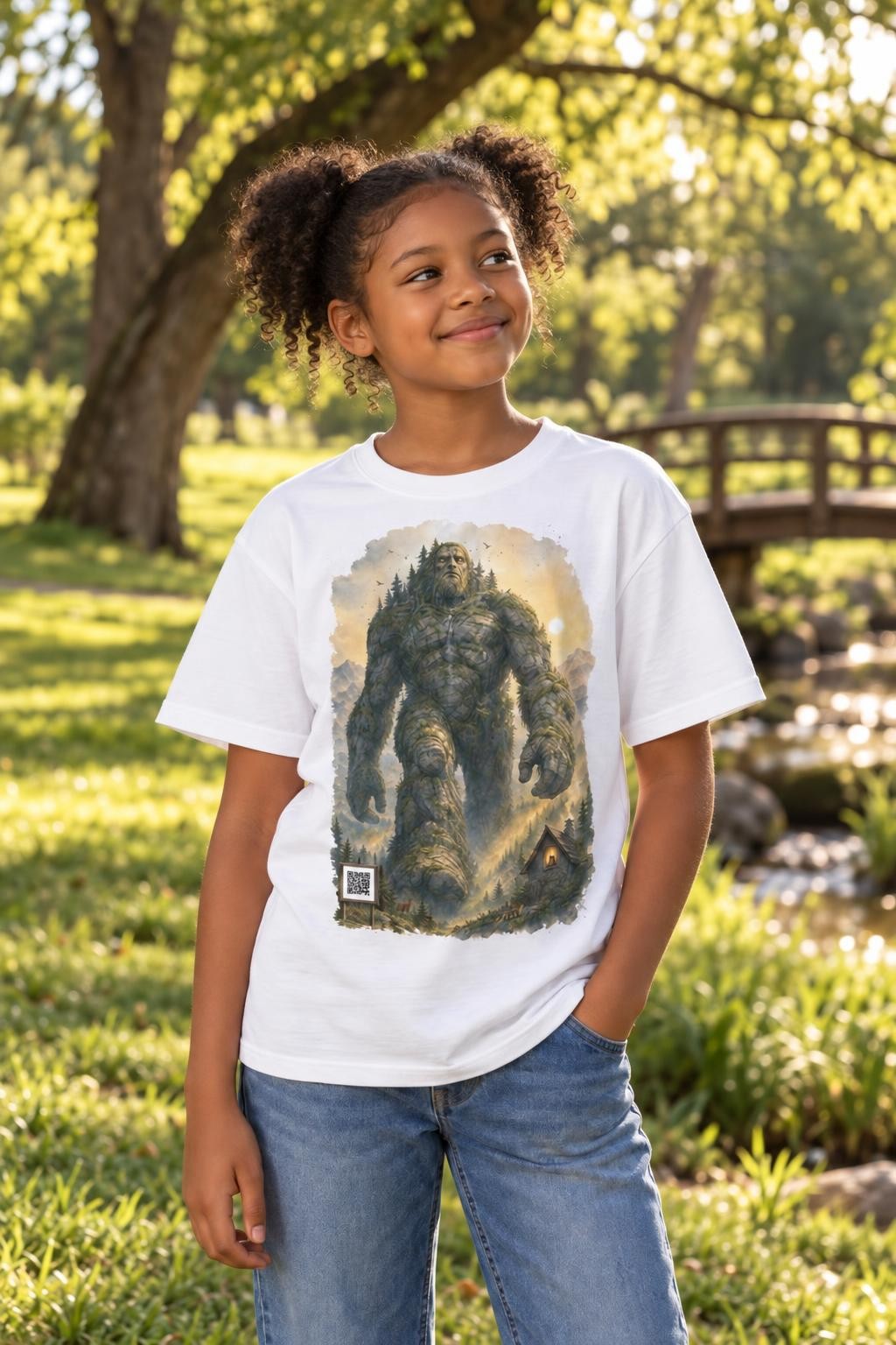 Le Géant de pierre, t-shirt MaKe Collector porté dans un parc