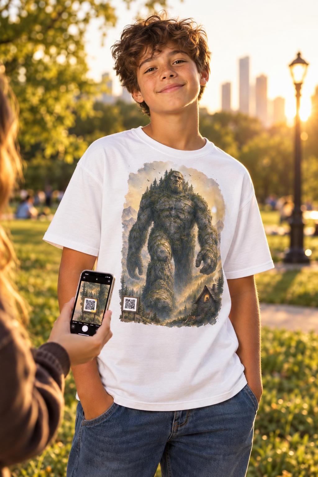Le Géant de pierre, t-shirt MaKe Collector porté, un copain scanne le QR code