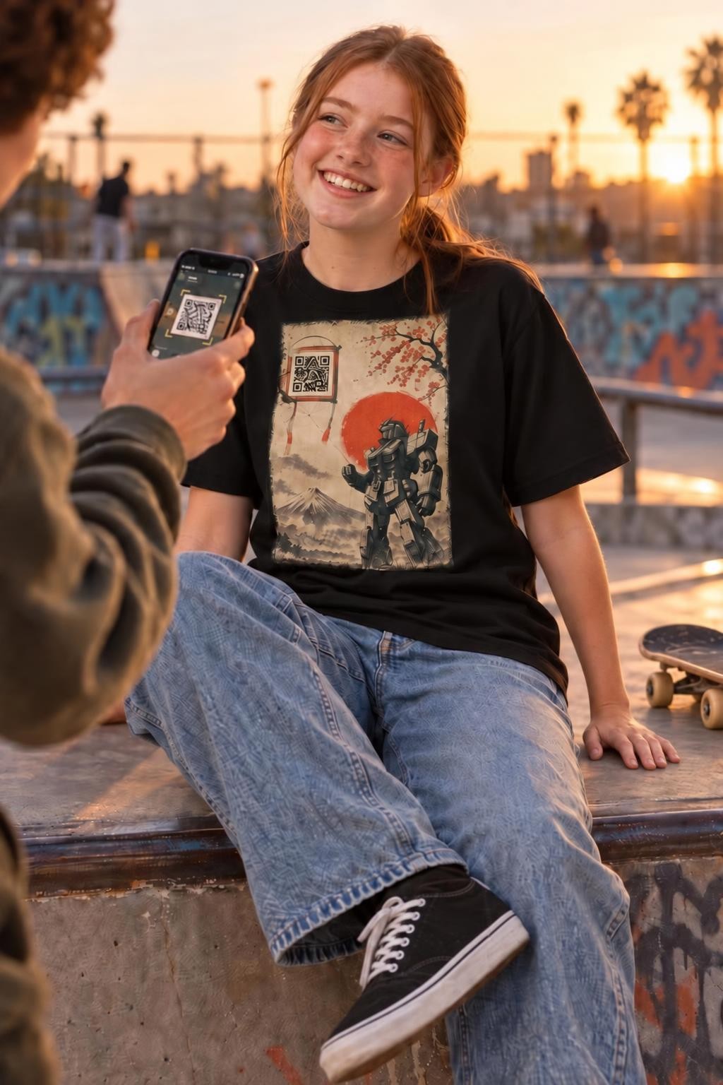 Le Mecha au cerf-volant, t-shirt MaKe Collector porté, un copain scanne le QR code