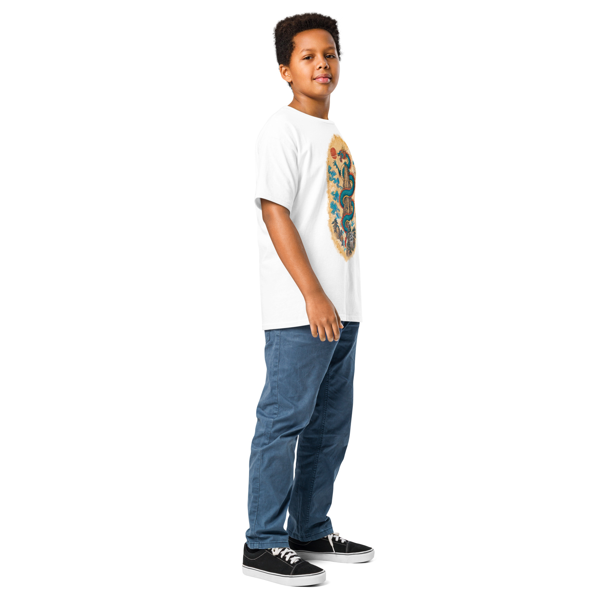 T-shirt MaKe Collector Le Dragon céleste vu de trois quarts, coloris blanc